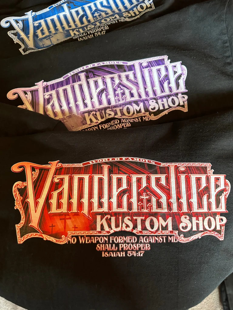 T-shirt. Vanderslice kustom shop With three crosses in the background.
