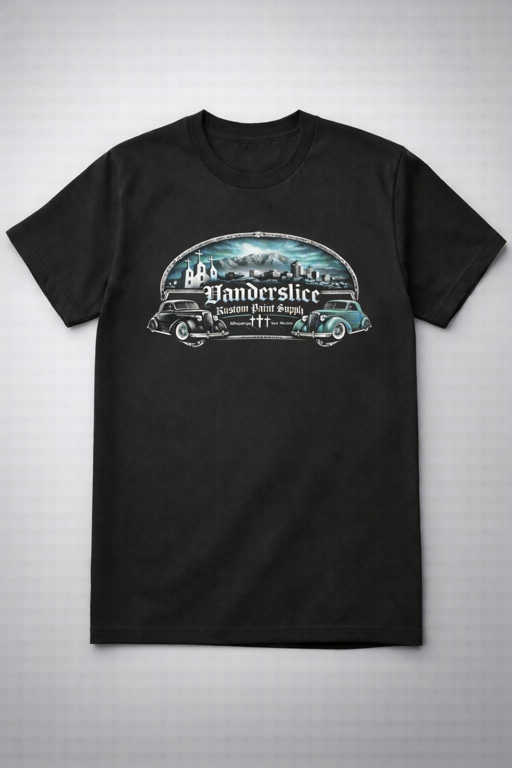 NEW ABQ Vanderslice kustom shop With three crosses in the background  Tee