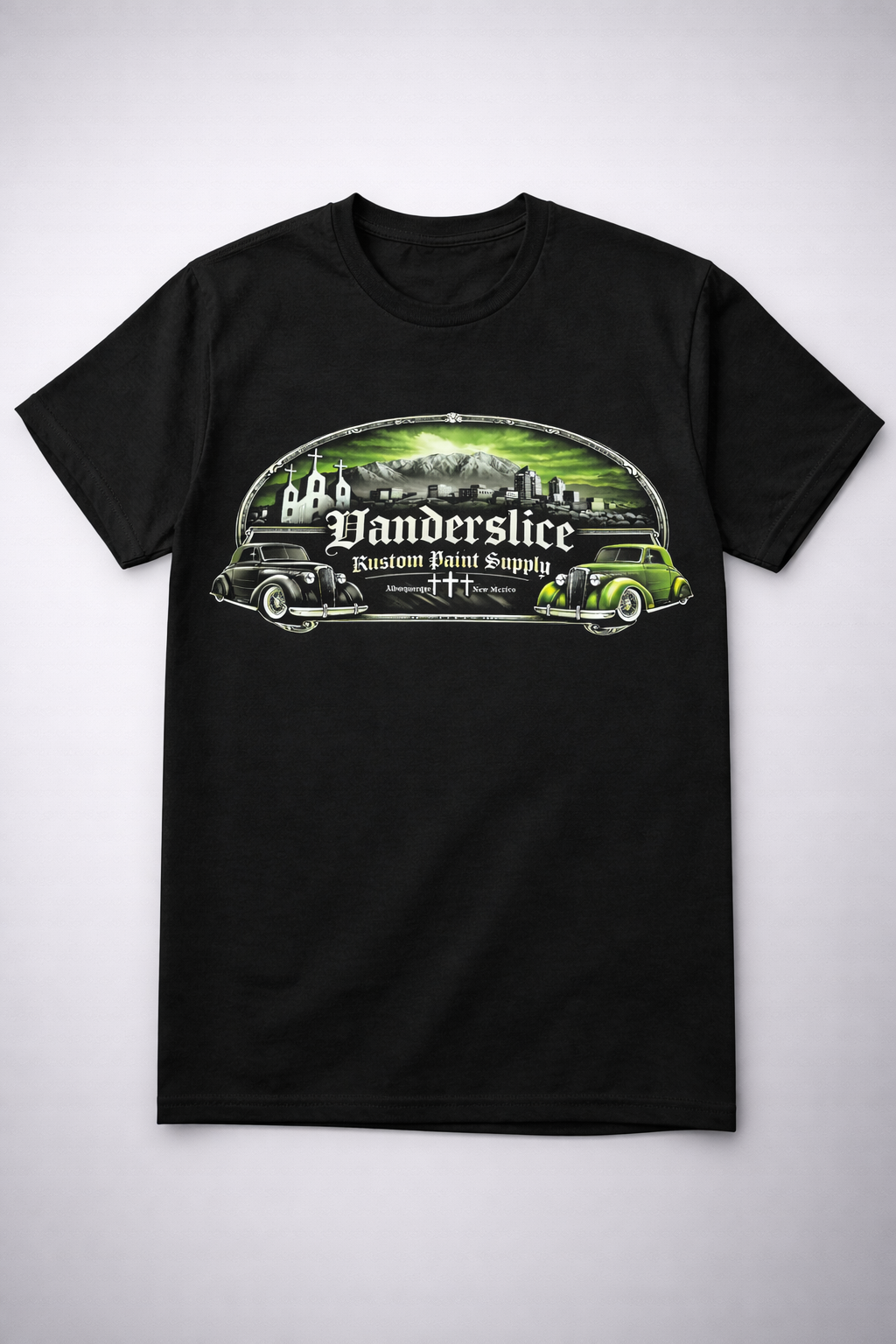 NEW ABQ Vanderslice kustom shop With three crosses in the background  Tee