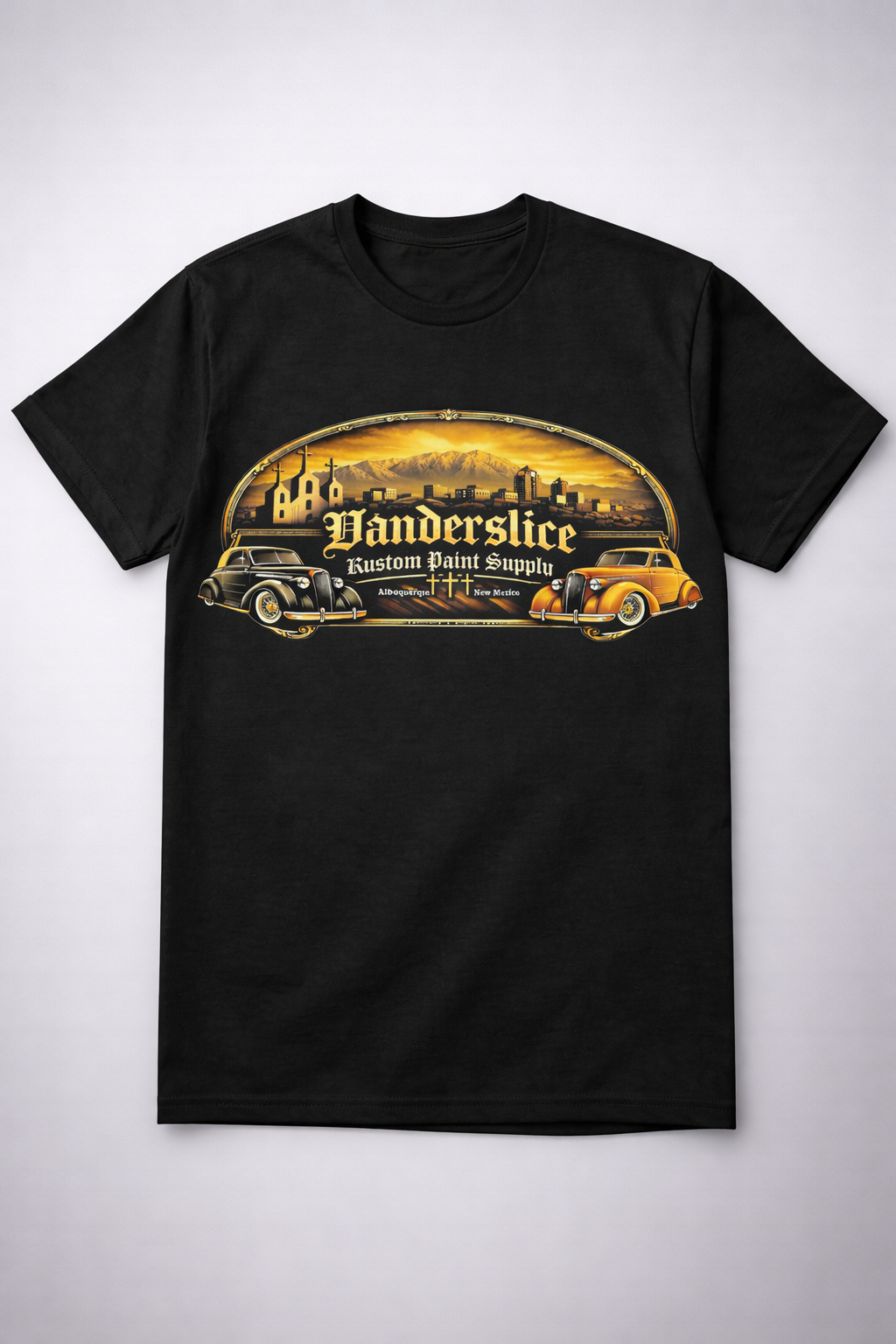 NEW ABQ Vanderslice kustom shop With three crosses in the background  Tee