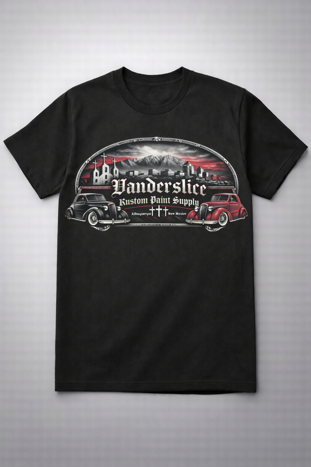 NEW ABQ Vanderslice kustom shop With three crosses in the background  Tee