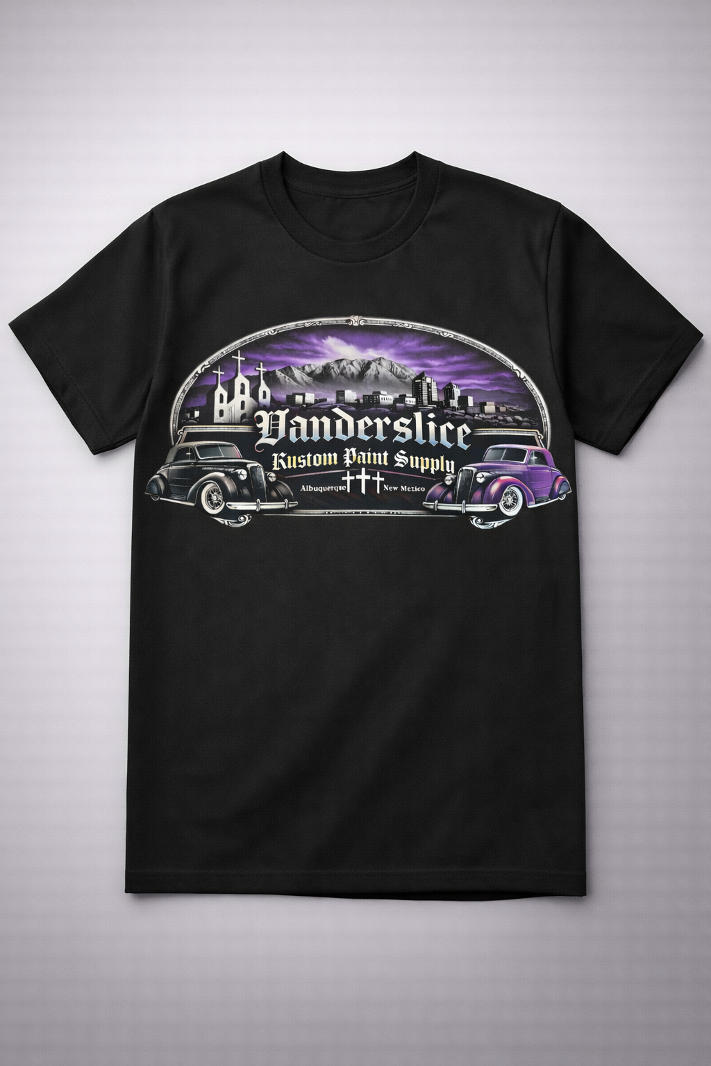 NEW ABQ Vanderslice kustom shop With three crosses in the background  Tee