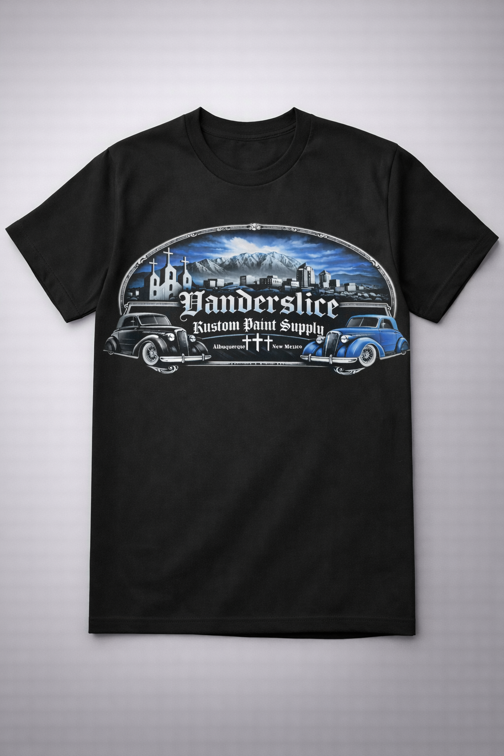 NEW ABQ Vanderslice kustom shop With three crosses in the background  Tee