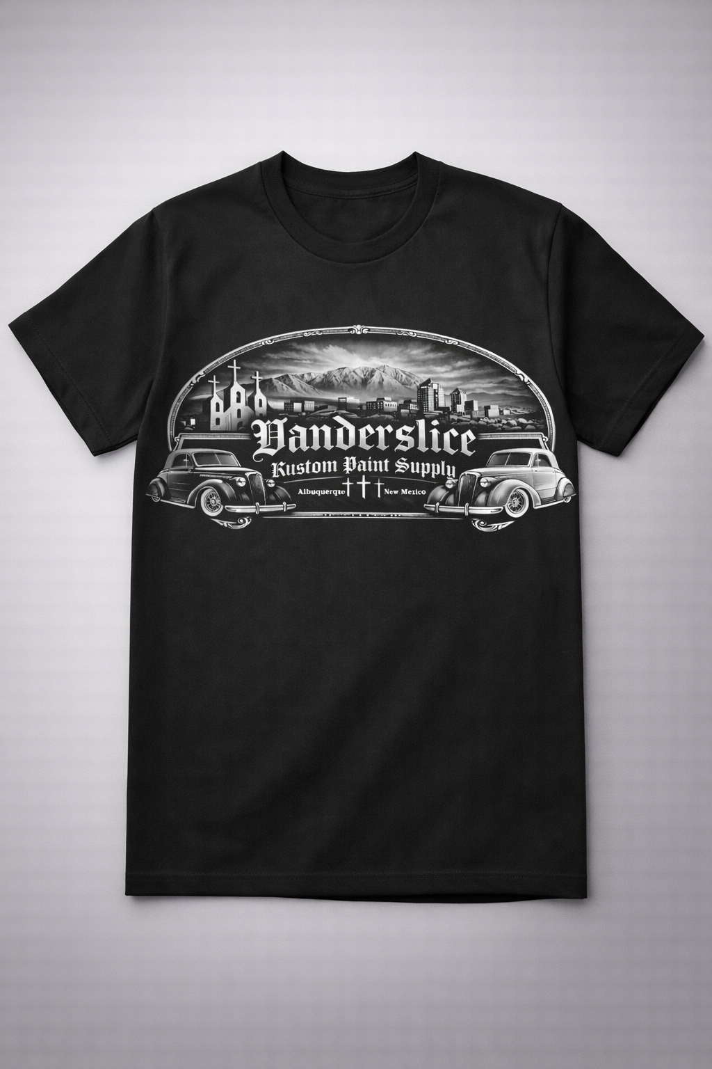 NEW ABQ Vanderslice kustom shop With three crosses in the background  Tee