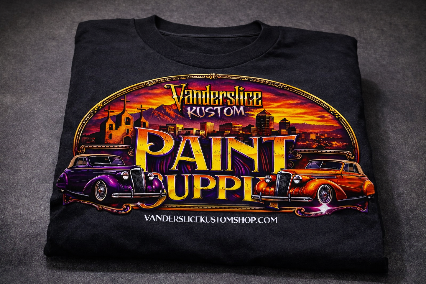 NEW ABQ Vanderslice kustom shop With three crosses in the background  Tee