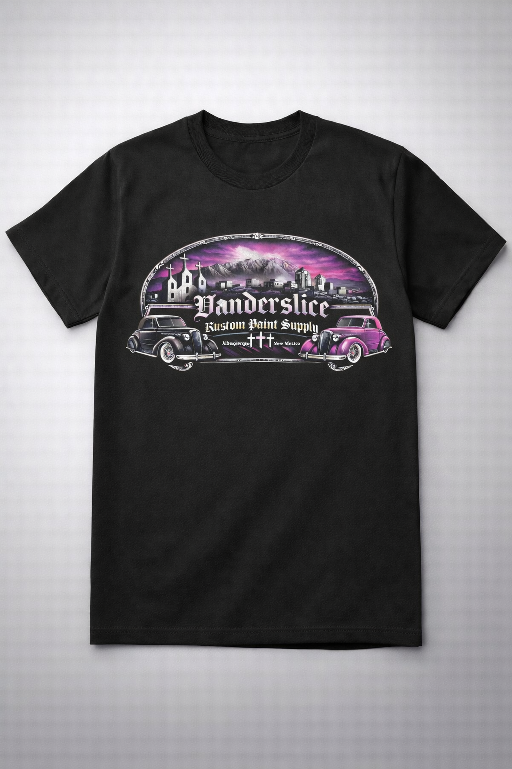 NEW ABQ Vanderslice kustom shop With three crosses in the background  Tee