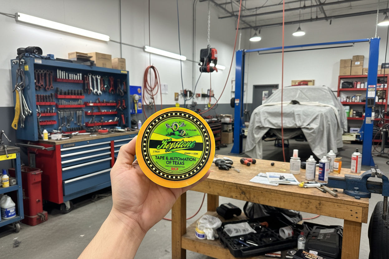 Hand holding a tape labeled 'Tape & Automation of Texas' with a green and yellow design. 1 inch